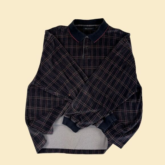 90s XL velour polo shirt, vintage black/purple plaid long sleeve by M.E. Sport - Picture 4 of 10